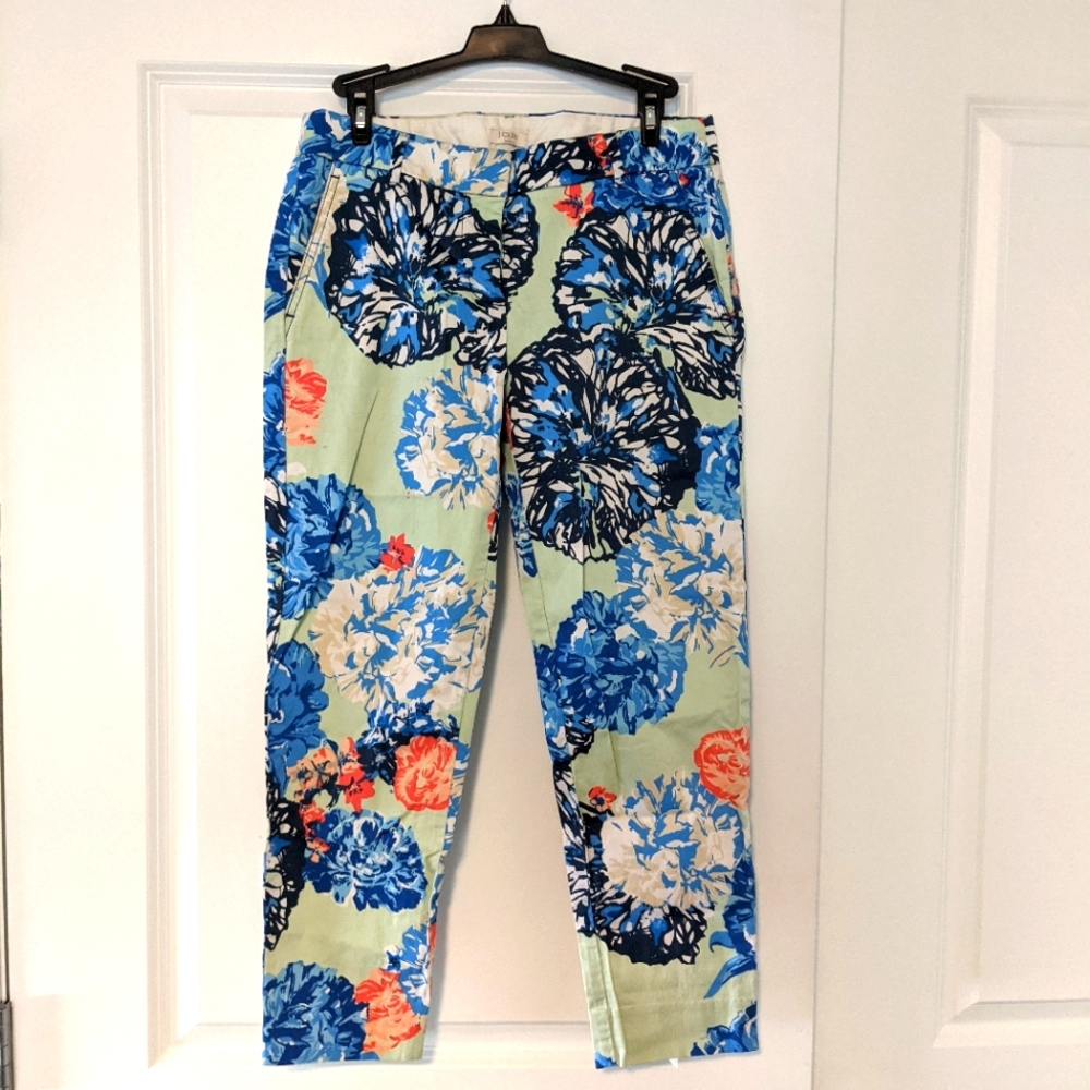 J. Crew Green and Blue Cropped Pants with Floral Print